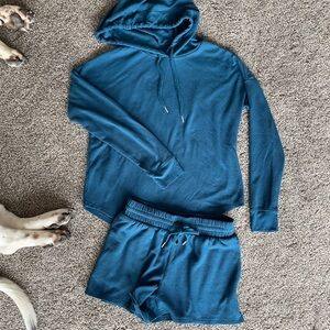 VICTORIA'S SECRET waffle lounge set in teal blue- hooded top / matching shorts